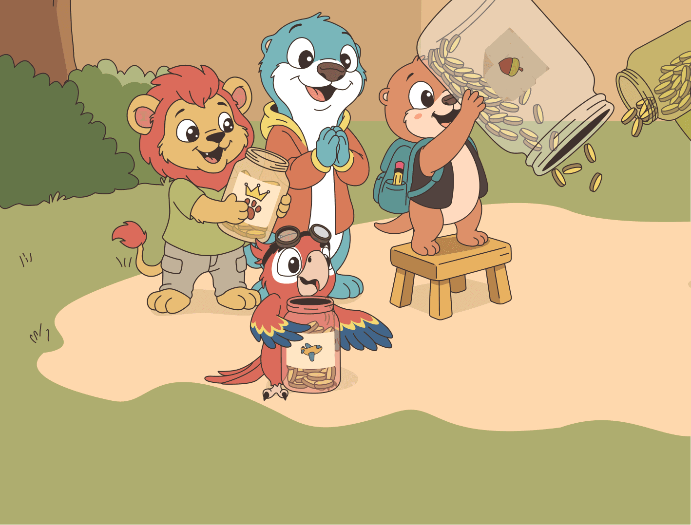 Kay, Leo, Cris y Enzo juntos con el frasco de bellotas: escena del grupo lista para colorear.