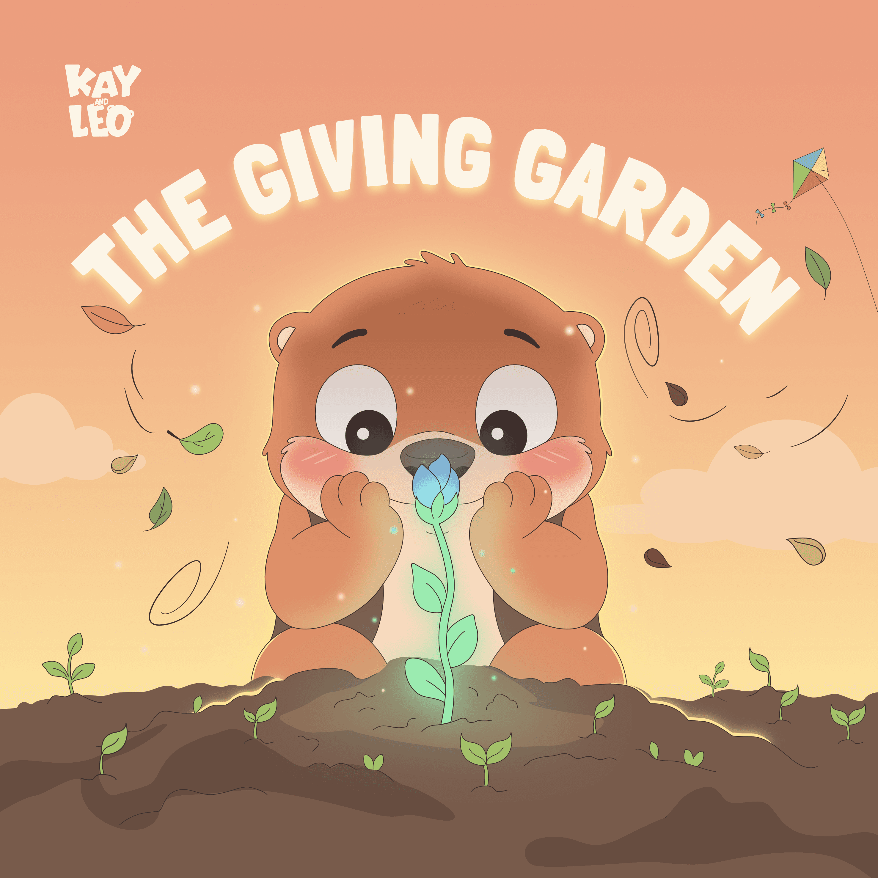 Cover of The Giving Garden, book 4 in the Kay & Leo series: Leo cradles a glowing sprout at sunset while leaves swirl and a kite drifts overhead.