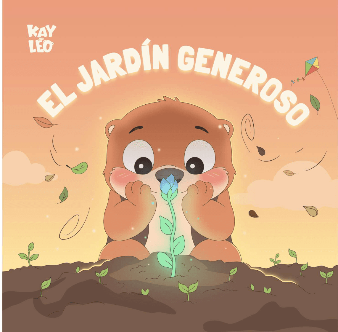 Portada de El Jardín Generoso, libro 4 de la serie Kay & Leo: Leo sostiene una flor que brilla al atardecer.