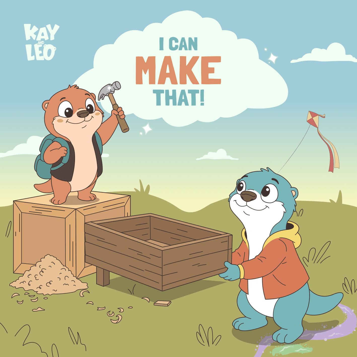 Portada del libro 5 de la serie Kay & Leo: Leo con un martillo sobre una caja de madera y Kay junto a la cajonera que están construyendo.