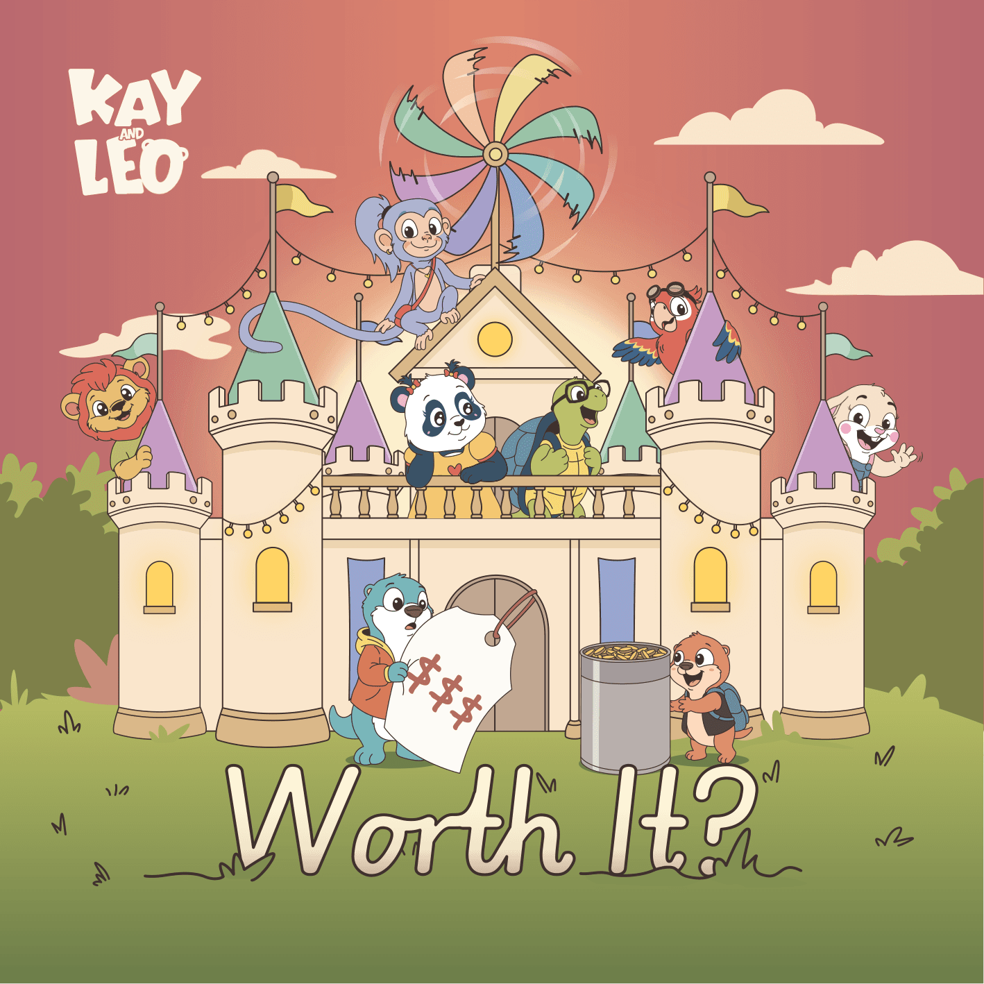 Portada de ¿Vale la pena?, libro 3 de la serie Kay & Leo: los amigos frente al castillo del parque con Leo sosteniendo la etiqueta de precio y el frasco de monedas.