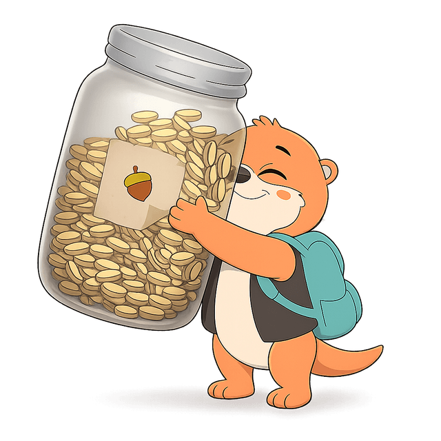 Leo abrazando el frasco de bellotas lleno de monedas.