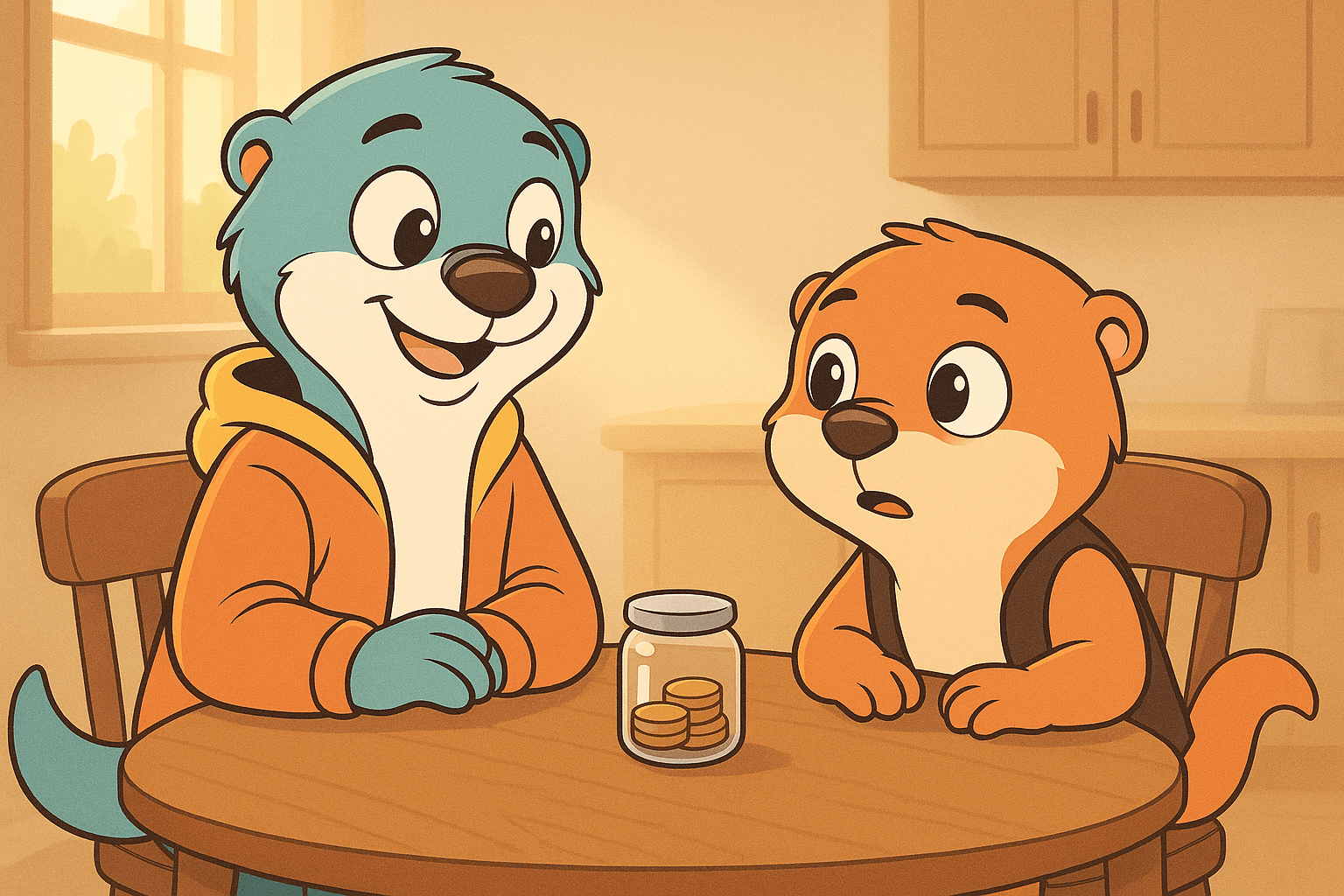 Ilustración del post con los personajes de Kay & Leo: Cómo hablar de dinero con hijos de 4 a 9 años (sin darles el sermón)