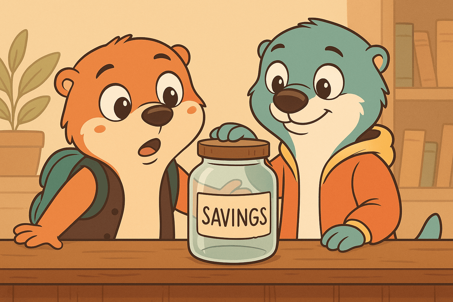 Ilustración del post con los personajes de Kay & Leo: El frasco transparente: la primera herramienta de ahorro para niños de 4 a 9 años