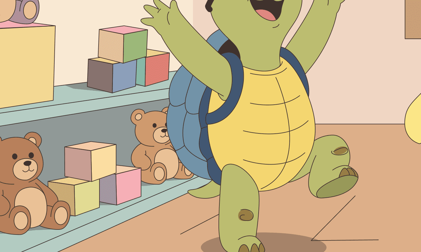 Escena de la juguetería del barrio: Elio, la tortuga, salta de alegría entre estantes de peluches y bloques de colores.